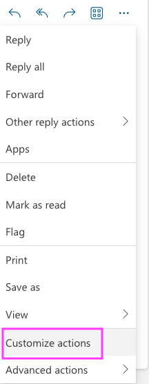 Outlook action dropdown showing the "Customize actions" button