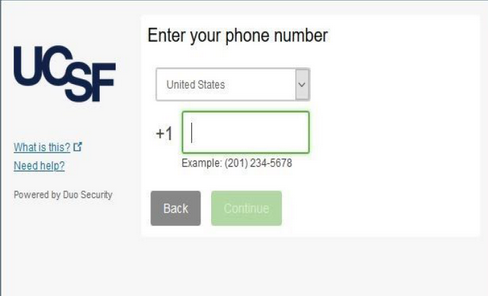 screenshot of UCSF two-factor enrollment screen setup prompting for phone number to register