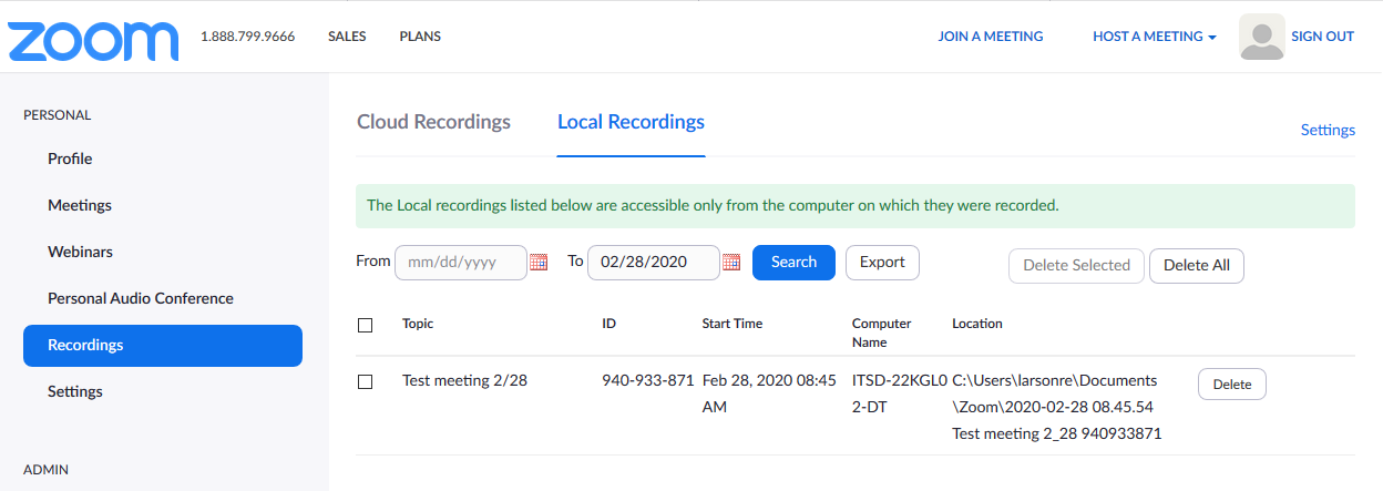 recordings tab