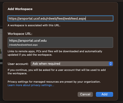 The Add Workspace popup with the Webfeed filled in