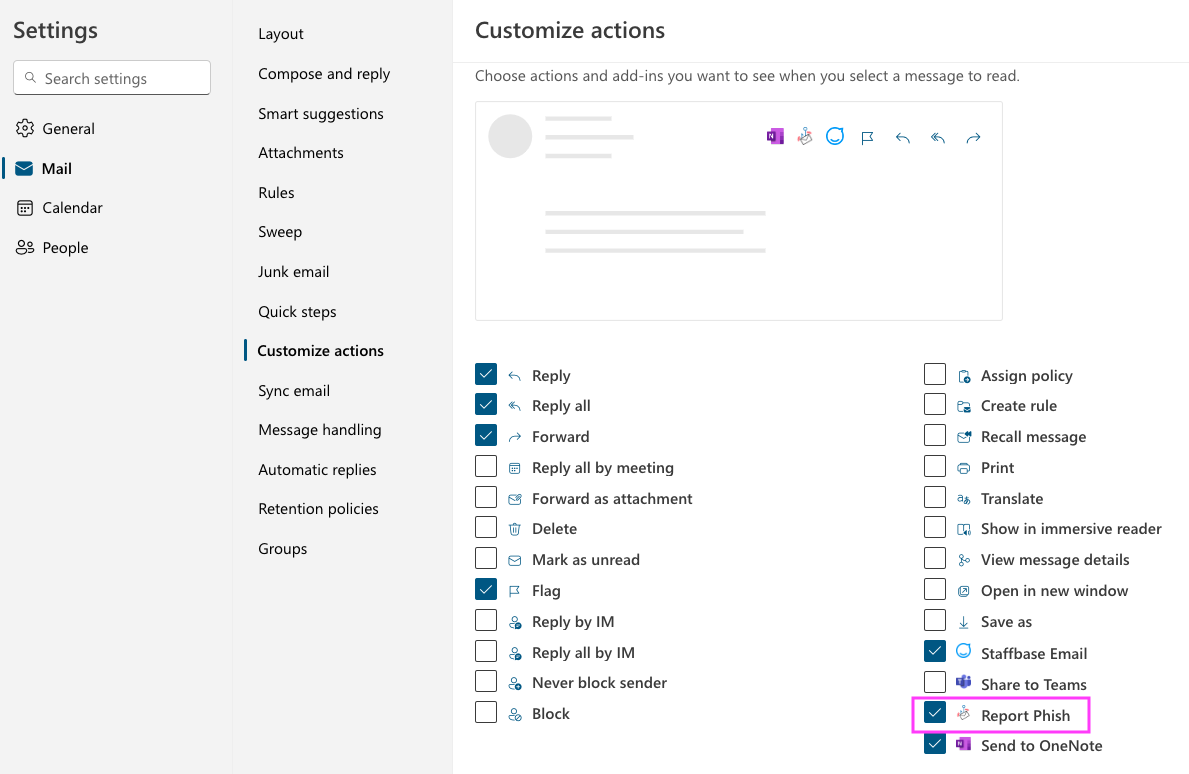 Outlook Customize Actions Page showing applications that can be added to Outlook
