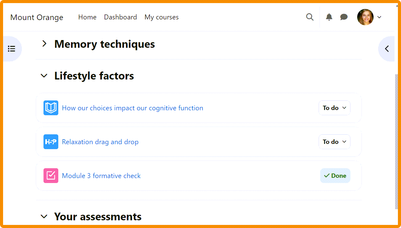 A screenshot of a Moodle course in the Moodle 4.3 version, showing the new, smaller activity/resourc