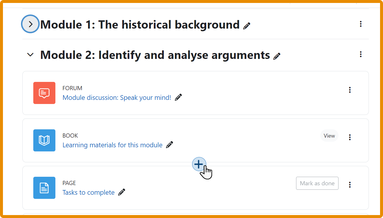 A screenshot of a Moodle course in the Moodle 4.3 version, showing the simplified way of adding course content from anywhere on a course page.