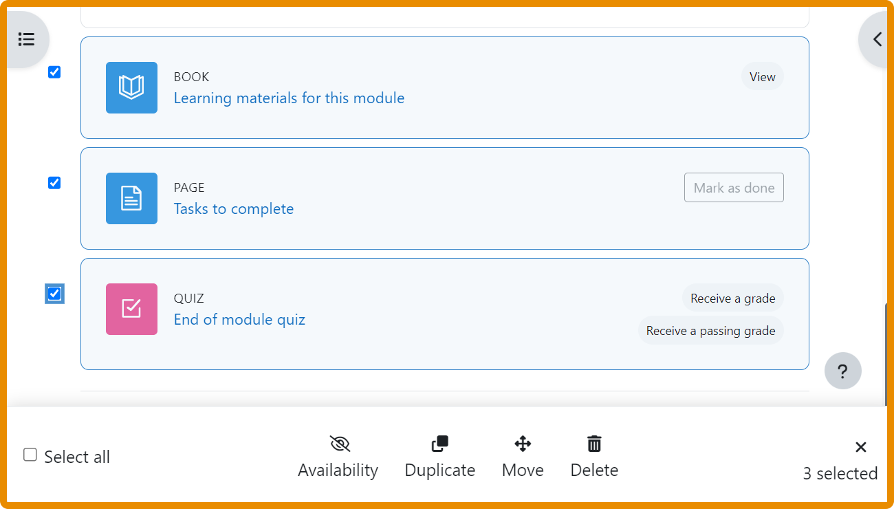 A screenshot of a Moodle course in the Moodle 4.3 version, showing the new bulk edit actions: bulk delete, move, duplicate, hide or change visibility from the footer. 