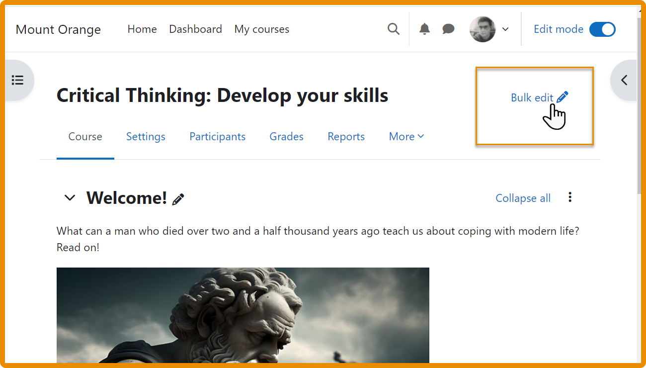 A screenshot of a Moodle course in the Moodle 4.3 version, showing the new bulk edit button at the top of a course page.