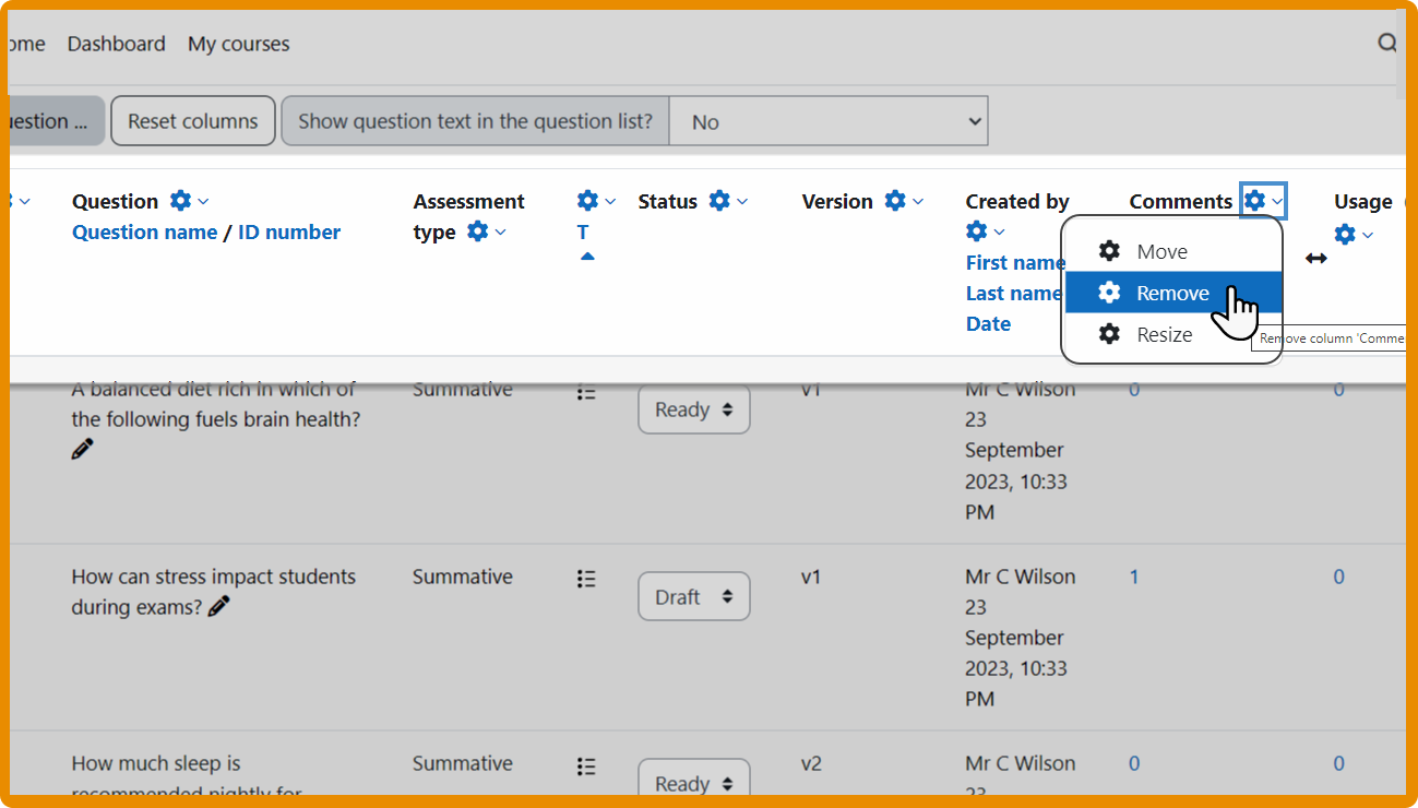 A screenshot of a Moodle course's question bank interface in the Moodle 4.3 version, showing the new feature to customize the view of the question bank itself. 