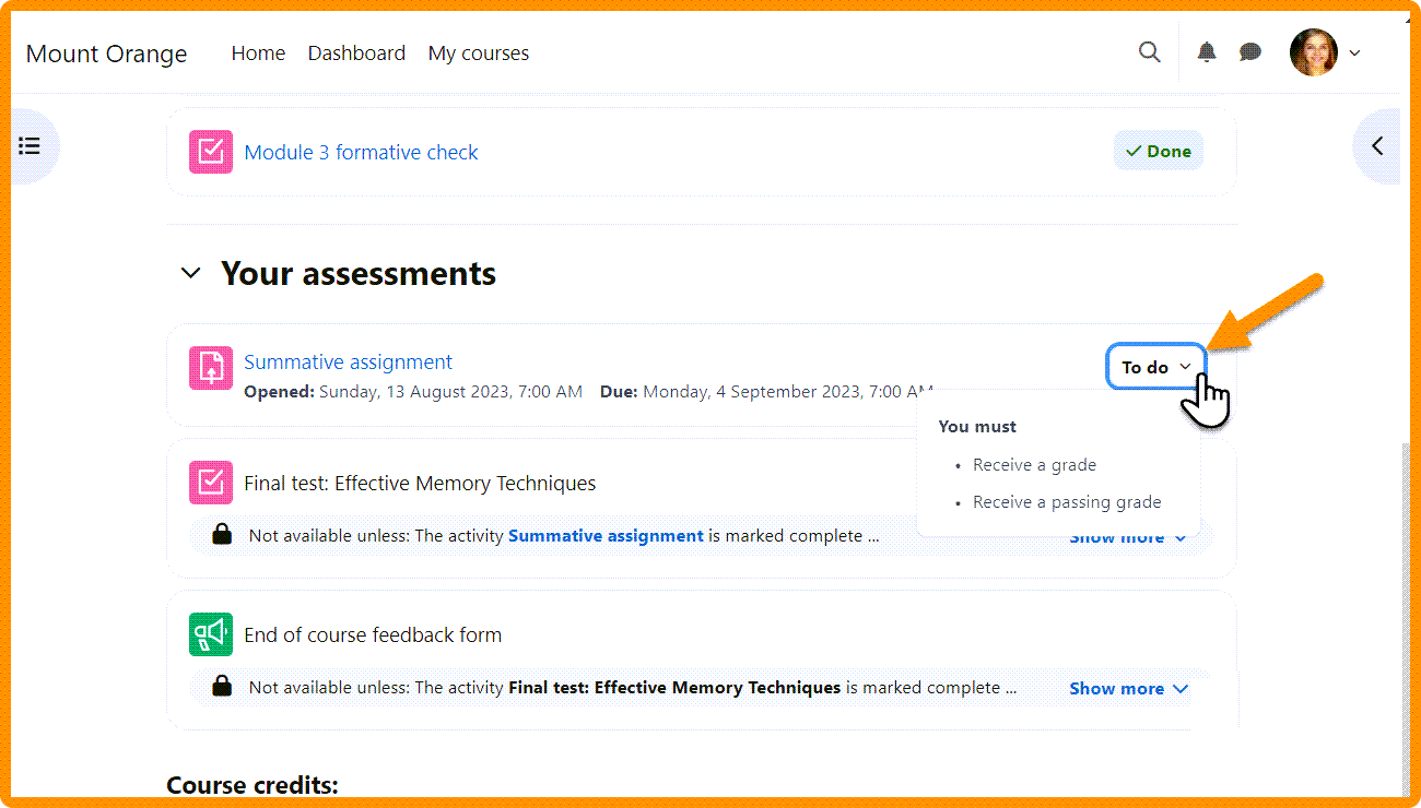 A screenshot of a Moodle course in the Moodle 4.3 version, showing the new dropdown menu for activity/resource cards. 