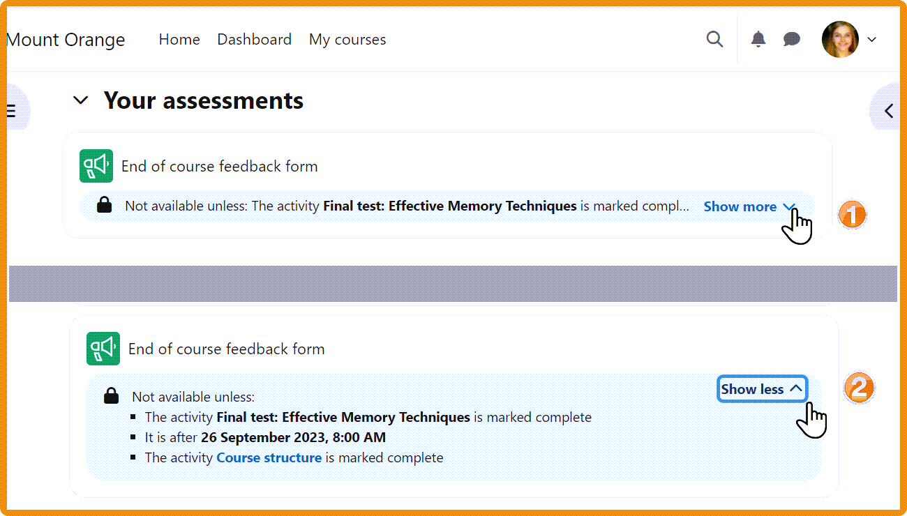 A screenshot of a Moodle course in the Moodle 4.3 version, showing the new "restrictions show more/less feature for applicable acitivity/resource cards. 