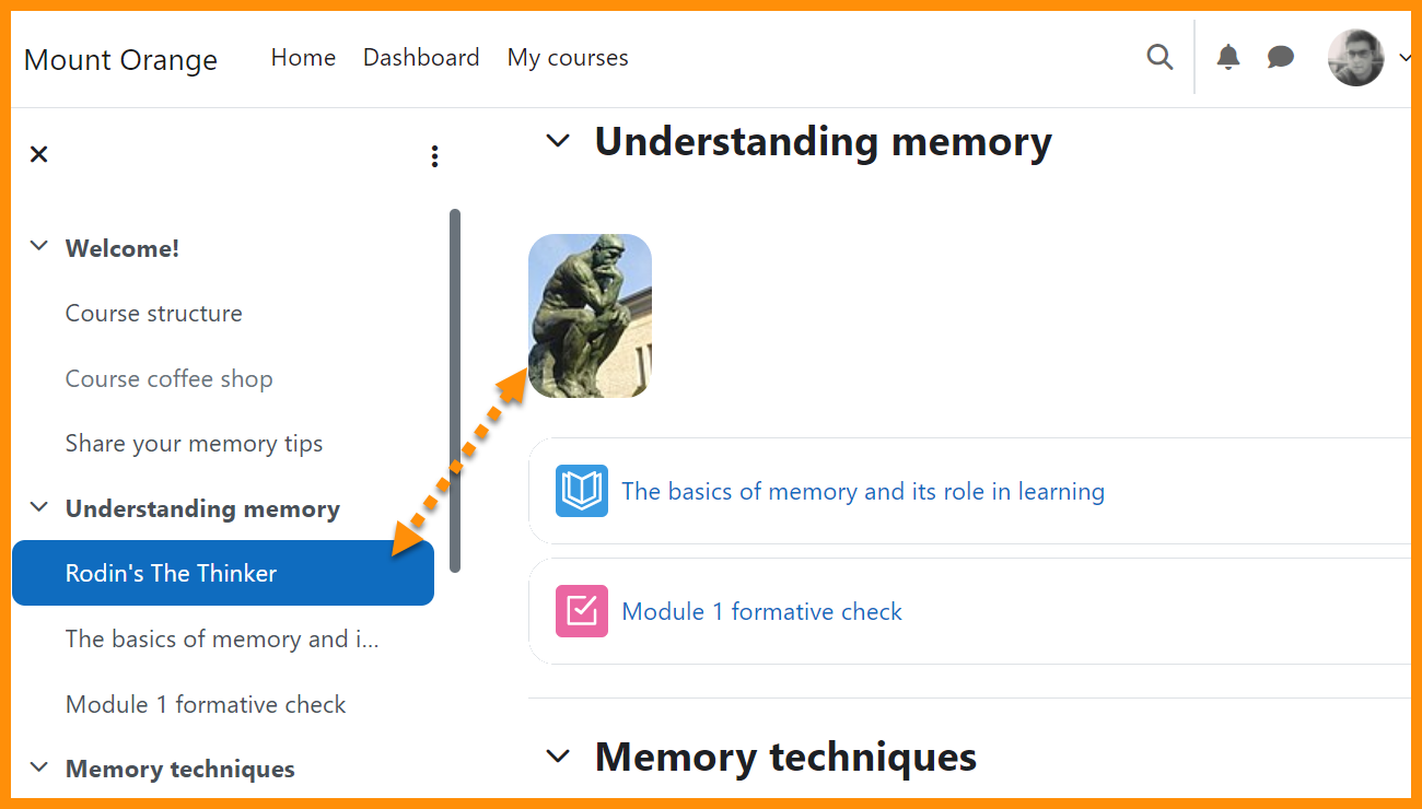 A screenshot of a Moodle course in the Moodle 4.3 version, showing the text and media area activity in the course index. 