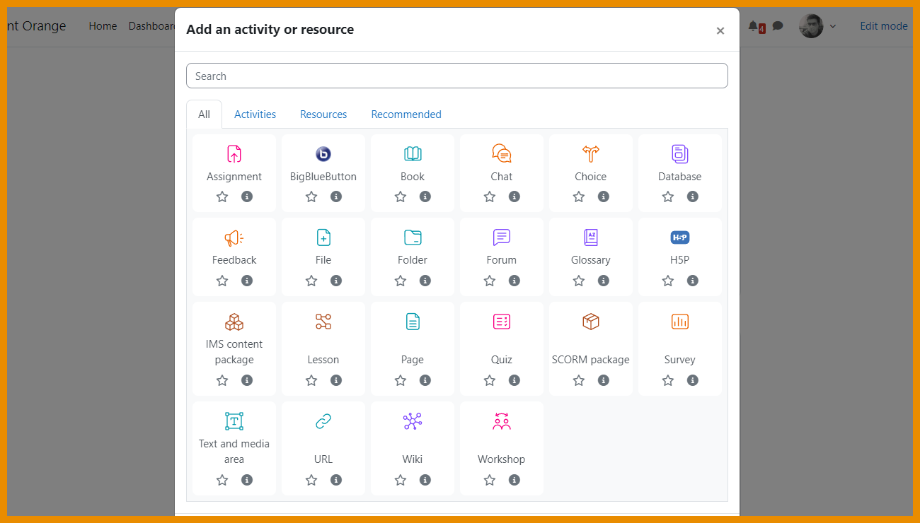 A screenshot of the activity and resource icons in Moodle version 4.4. They are now smaller and less dominant and have better color contrast.