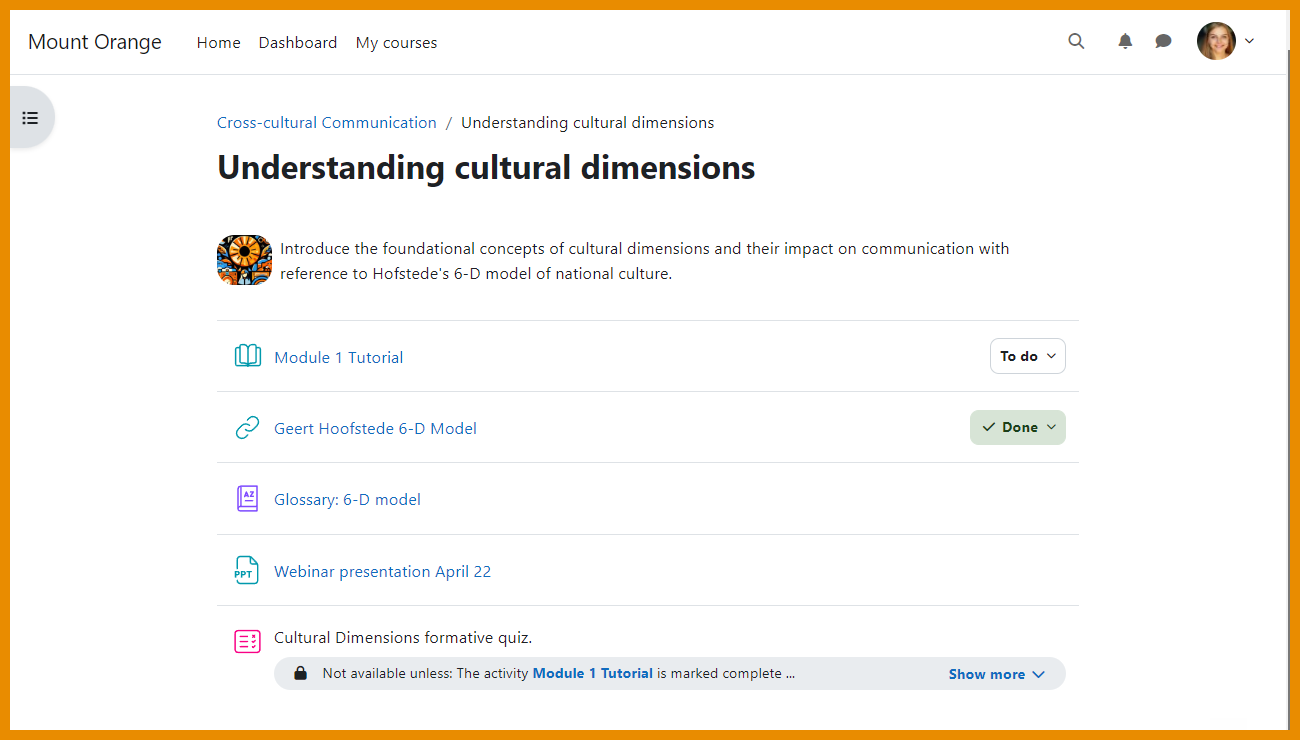 A screenshot of a Moodle course in Moodle version 4.4, showing the new single section page. 