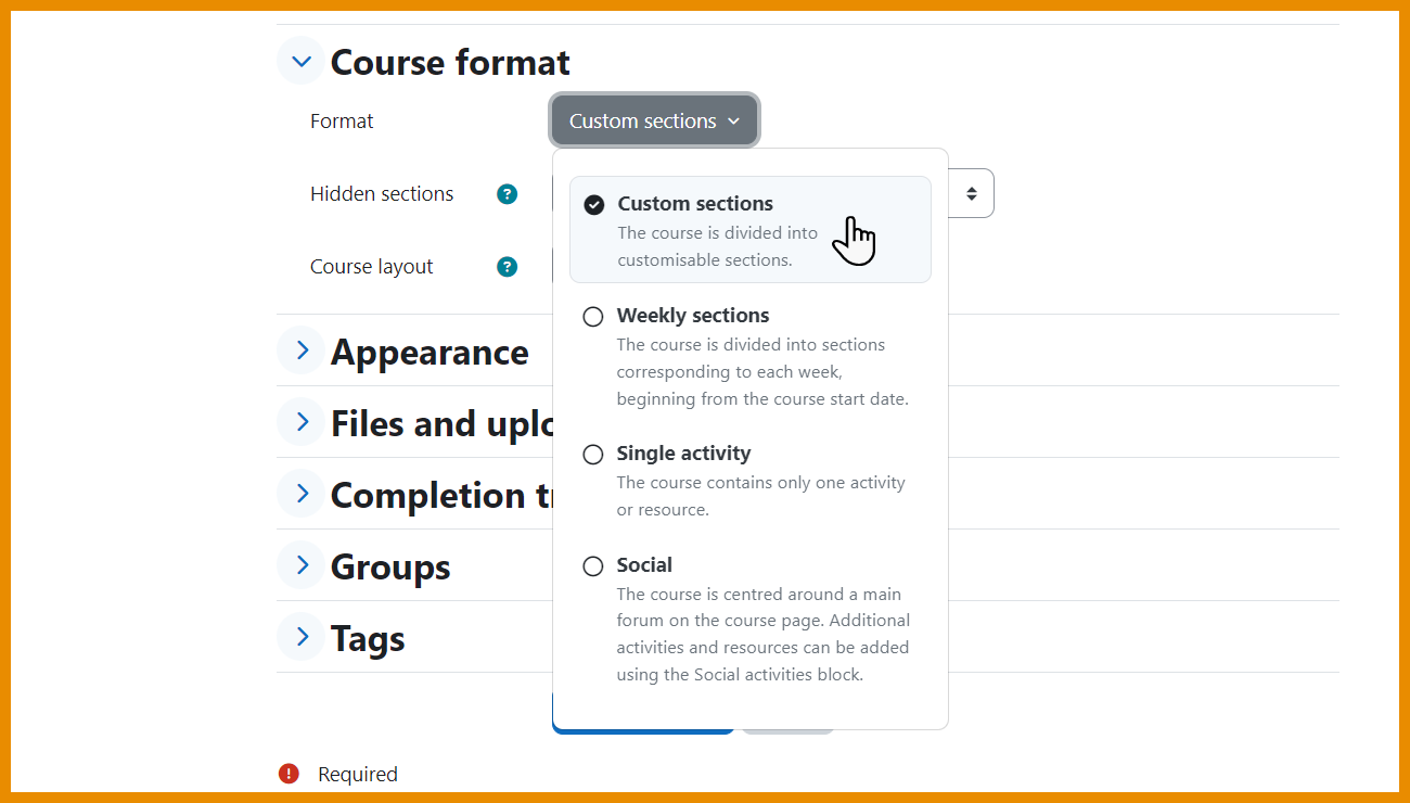 A screenshot of a Moodle course in Moodle version 4.4, showing the new custom section format in a course's settings interface. The custom section format was formerly known as the Topics format.  