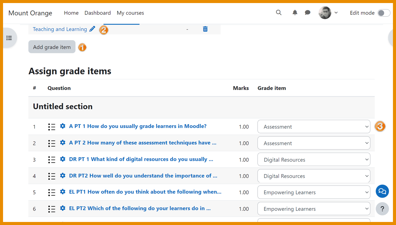 A screenshot of a Moodle course in Moodle version 4.4, showing the new quiz features: You can now add grade items like assigning grades for specific sections or groups of questions for an overall quiz. 