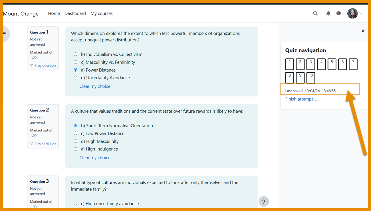 A screenshot of a Moodle course in Moodle version 4.4, showing the new "last saved" display within the quiz activity interface: learners now get a "last saved" time display during their quiz attempt in the quiz navigation block. 