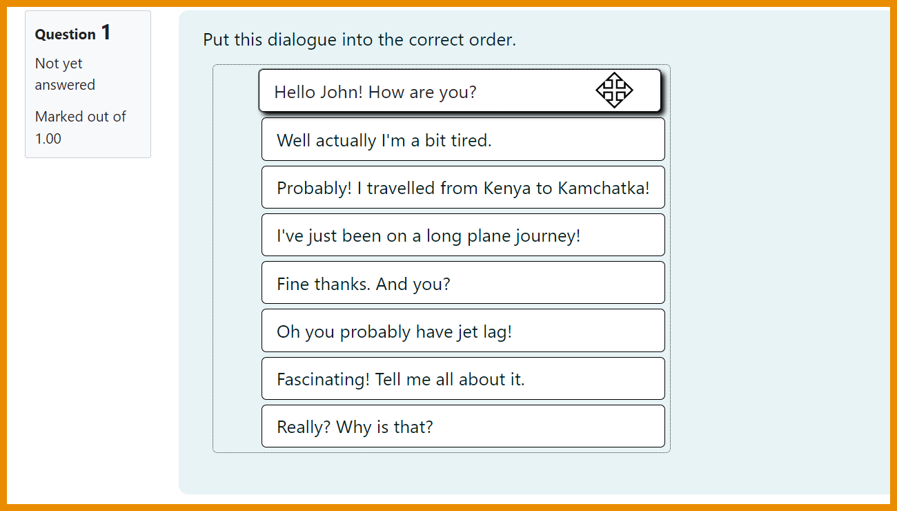 A screenshot of a Moodle course in Moodle version 4.4, showing the ordering question type activity interface. This activity allows you to create questions with single words or sentences.  