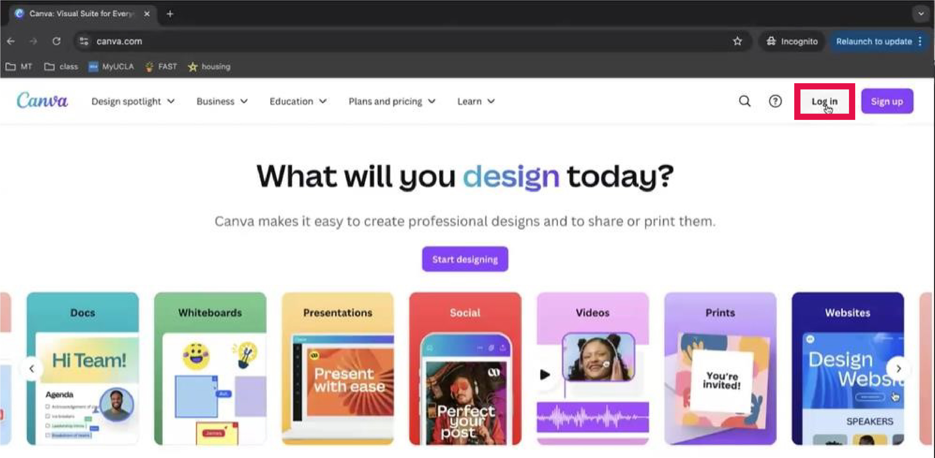 Canva Homepage (Login Selected)