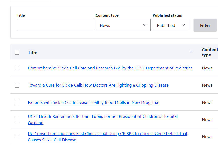 Screenshot of the Content page search results
