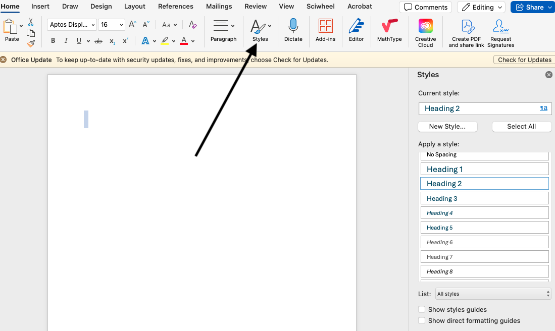 Styles options for Headings in Microsoft Word