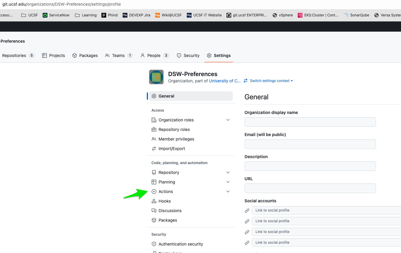 Screenshot of selecting the Actions section of a GitHub Organization's settings