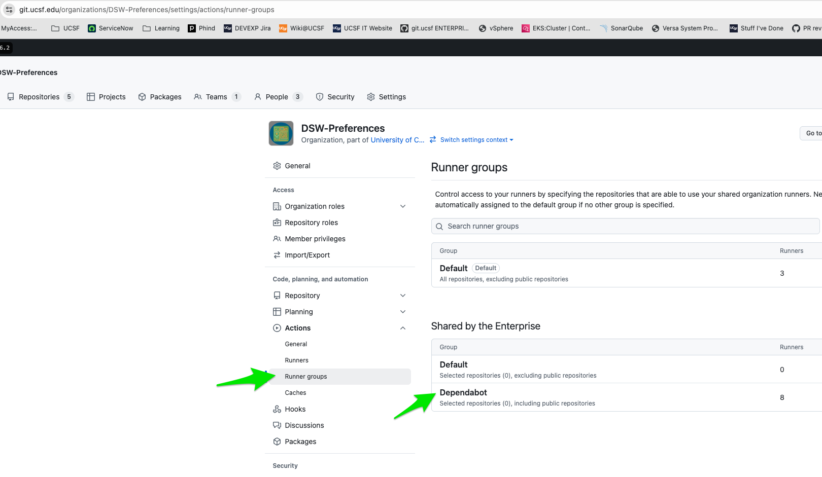 Screenshot of selecting the Dependabot Runner Group panel for a GitHub Organization