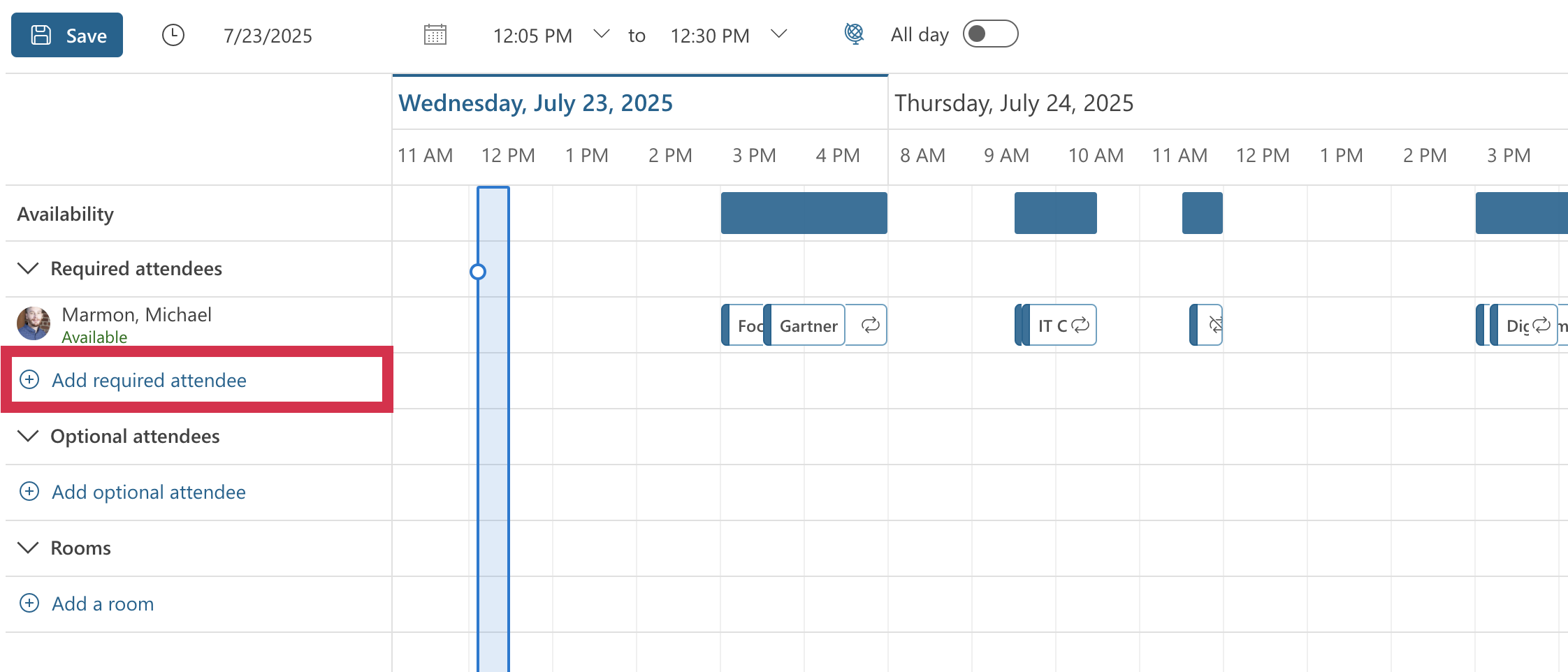 Outlook - Scheduling Assistant (Add Required Attendee selected)