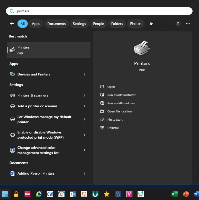 BCH Oakland Printers icon in the Start Menu illustrating that this is different than Printers & Scanners.