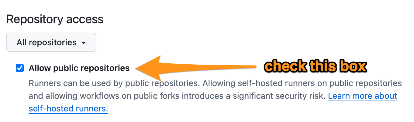 Screenshot: user is checking the box to allow public repos access to the Enterprise Dependabot runner group