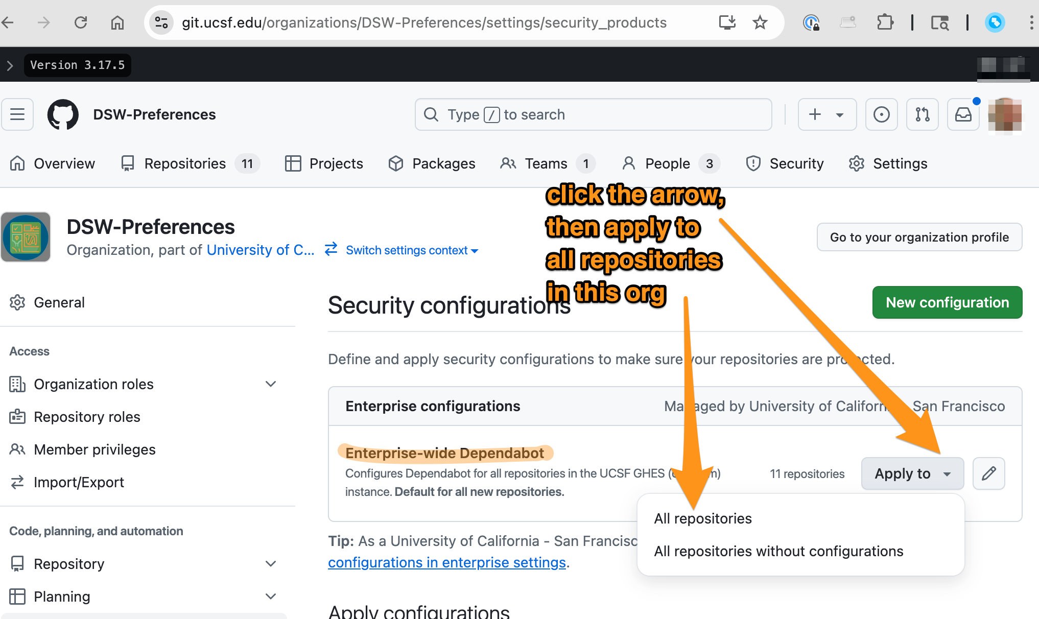 screenshot: the user is selecting to apply the Enterprise-wide Dependabot configuration to all repositories in their organization