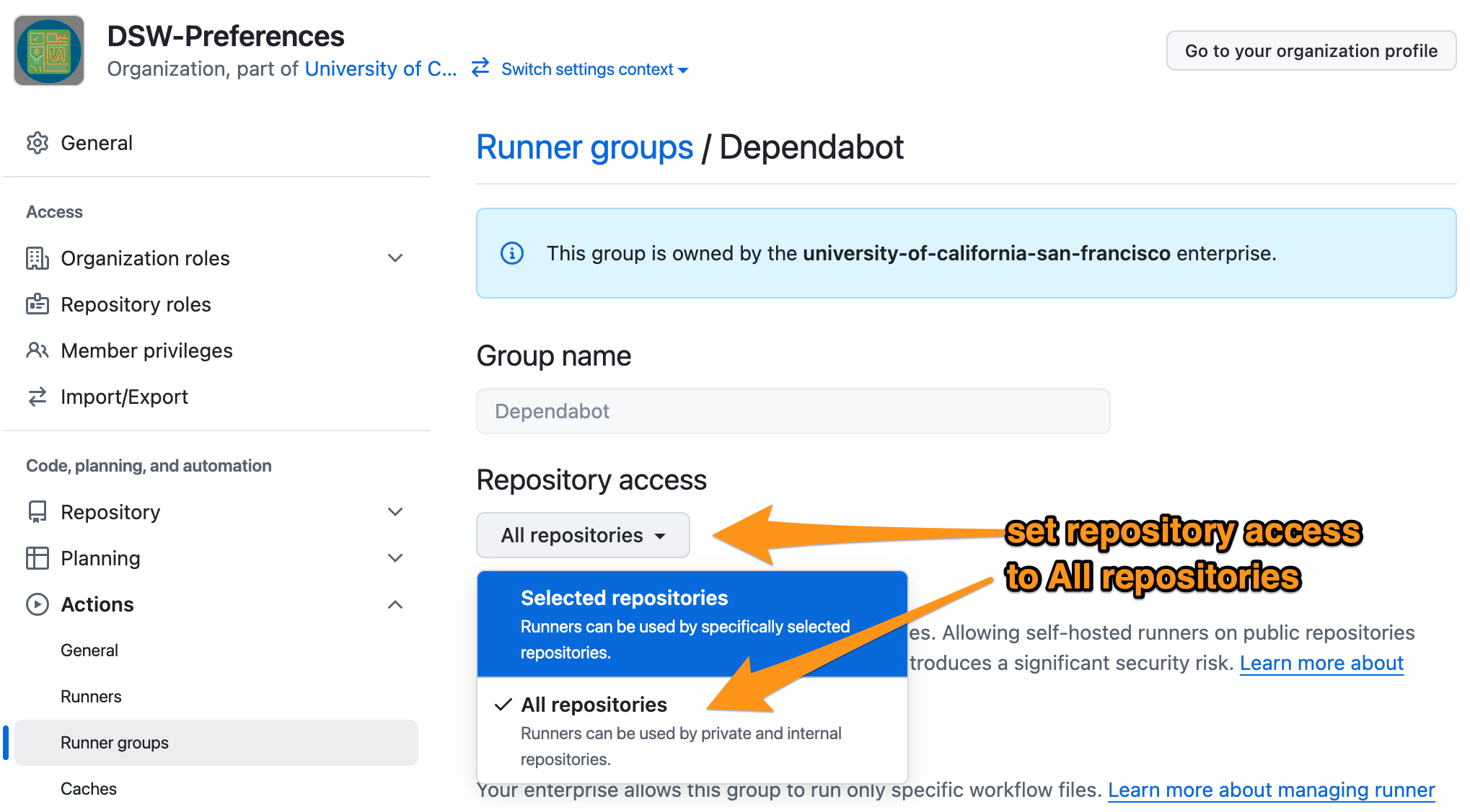 Screenshot: user is applying access to Enterprise Dependabot Runner Group to all repositories in the organization