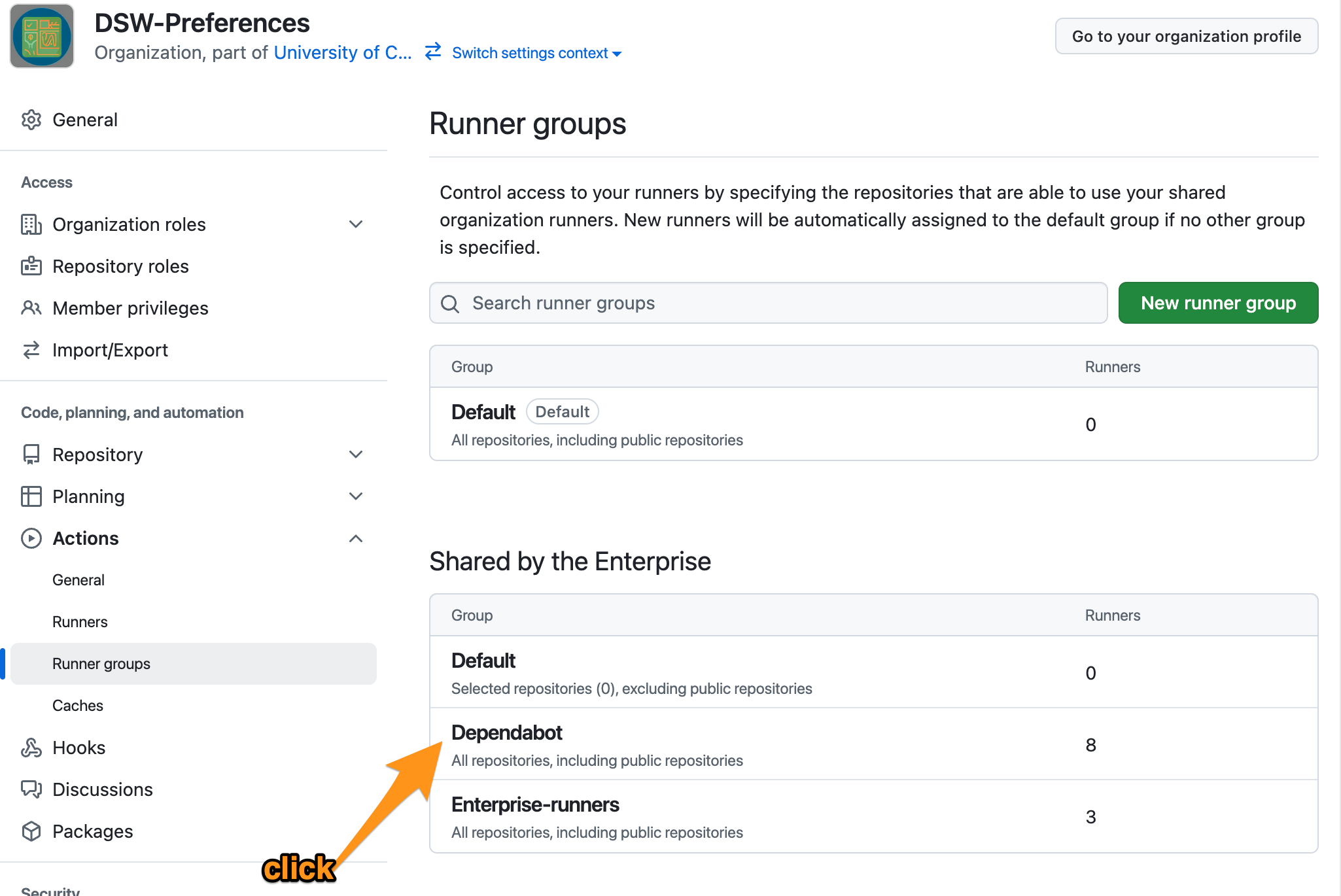 screenshot: user is selecting the Enterprise Dependabot Runner Group