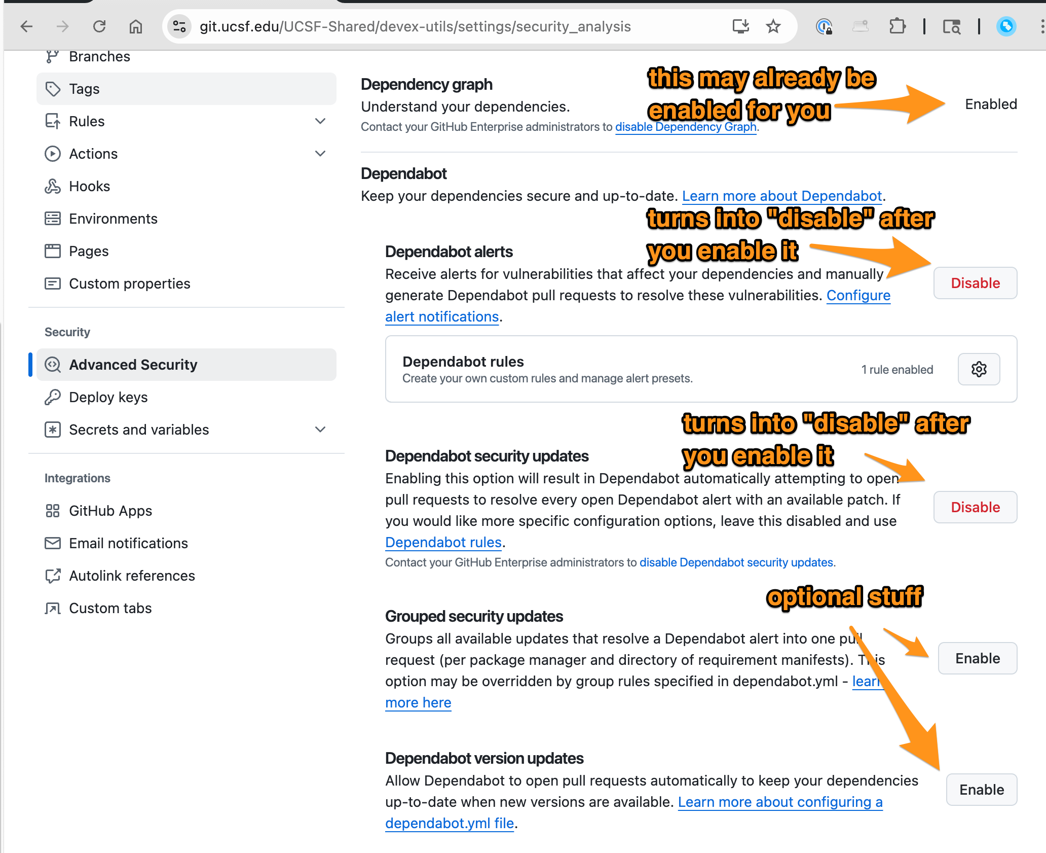 Screenshot: user has enabled Dependabot Alerts and Dependabot Security Updates. User has not yet enabled Grouped Security Updates or Dependabot Version Updates.