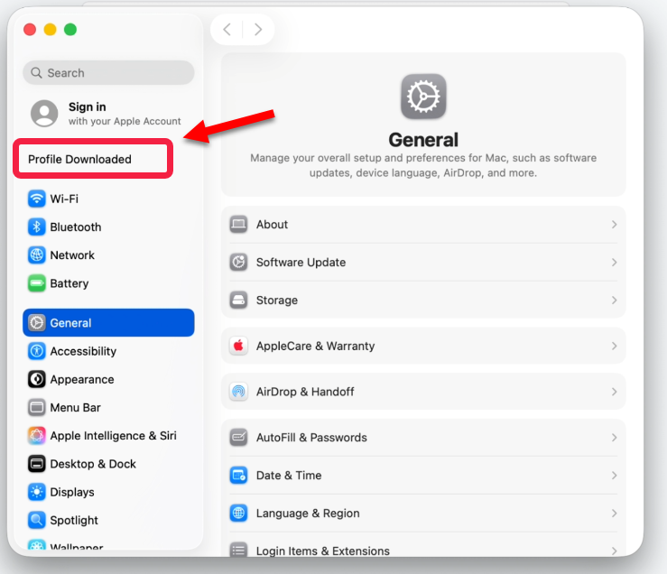 Select Profile Downloaded in System Settings