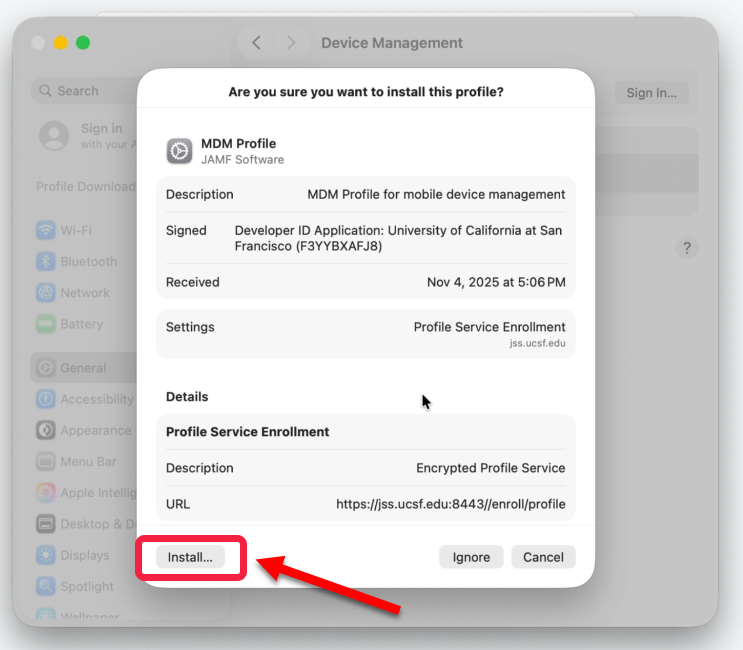 Click Install to install MDM Profile (Nov 2025)