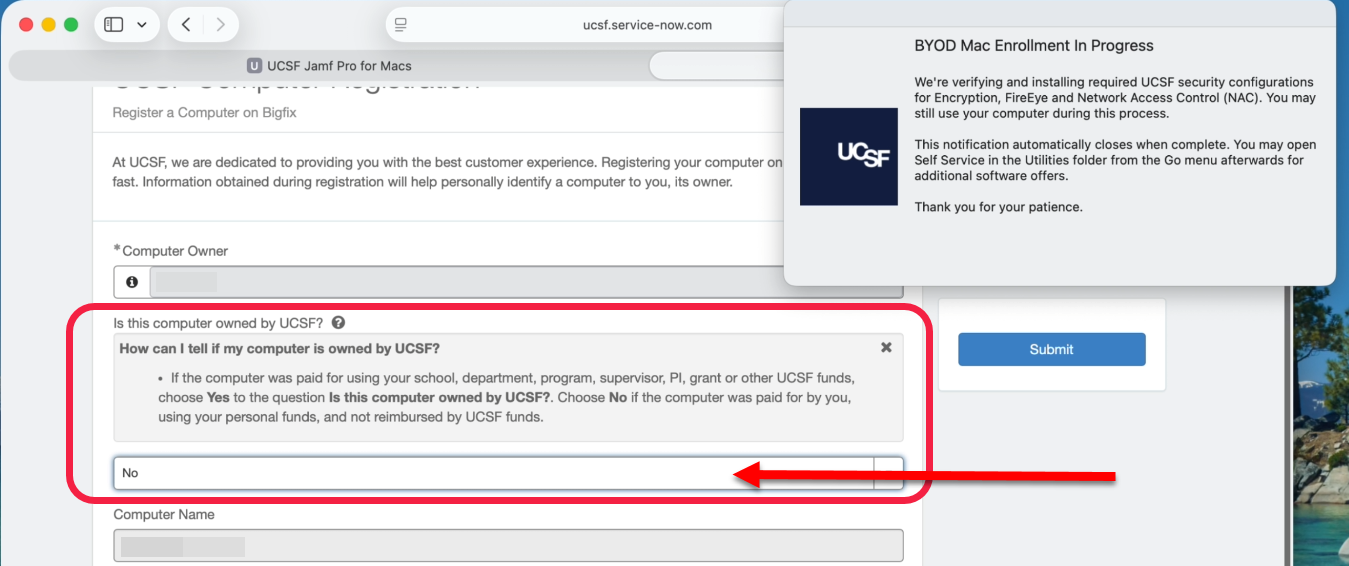 Computer registration page with No for UCSF-ownership selected
