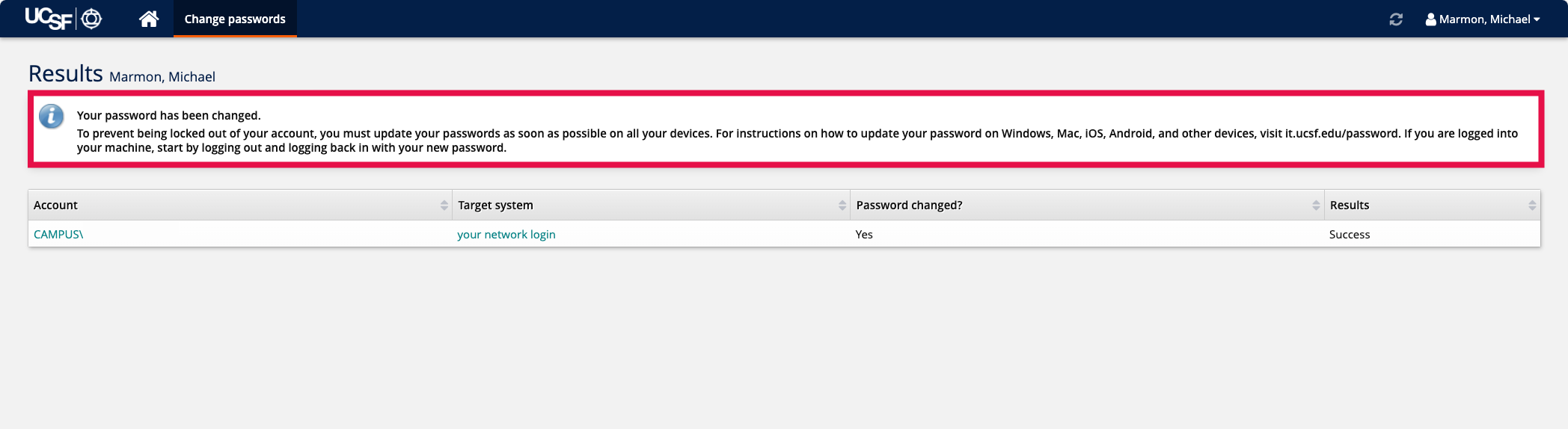 Change Password - Confirmation Screen