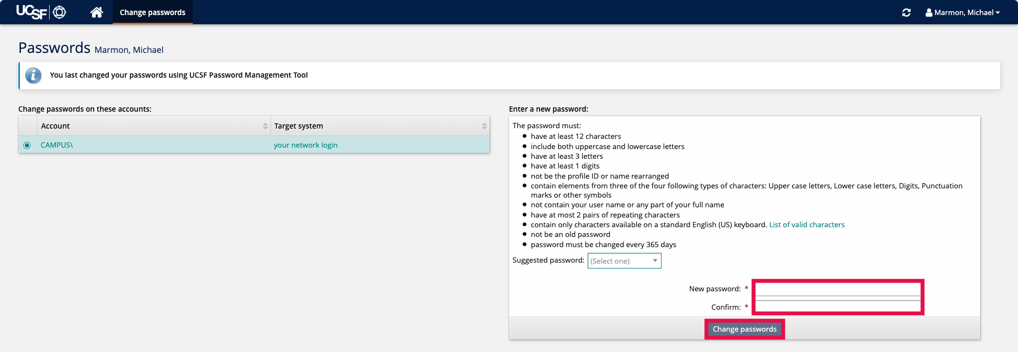 Change Password - Enter and Confirm Password