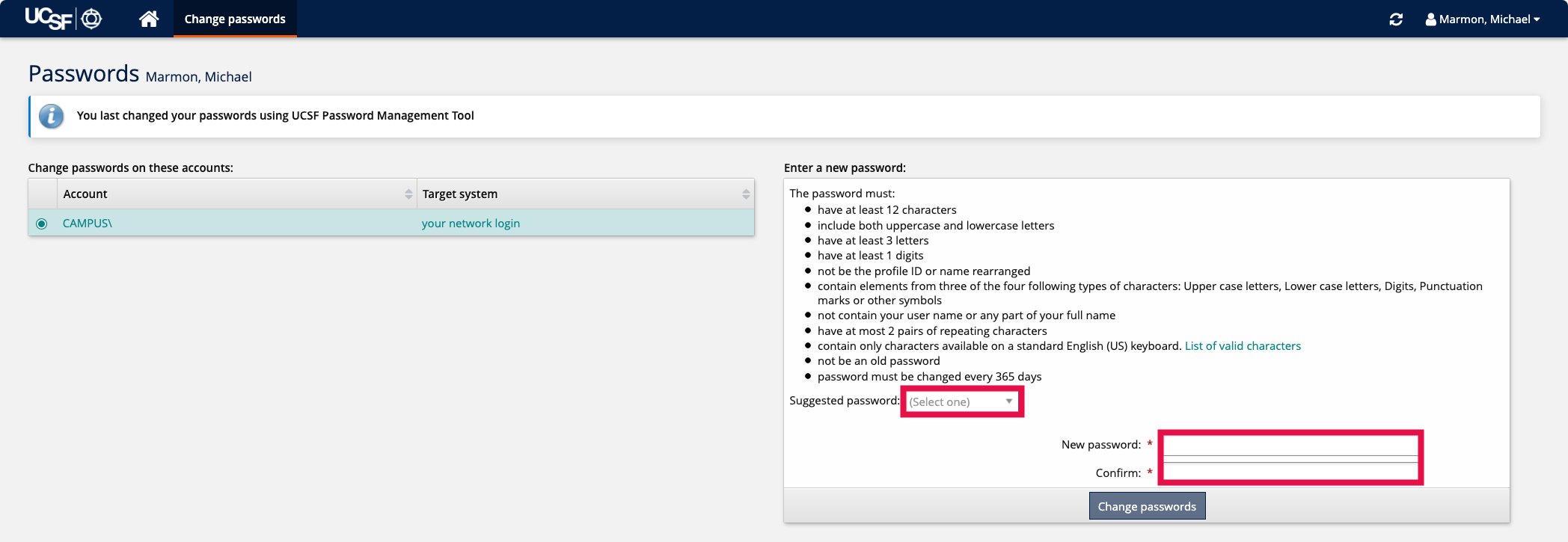 Change Password - Select a Suggested Password or Enter One