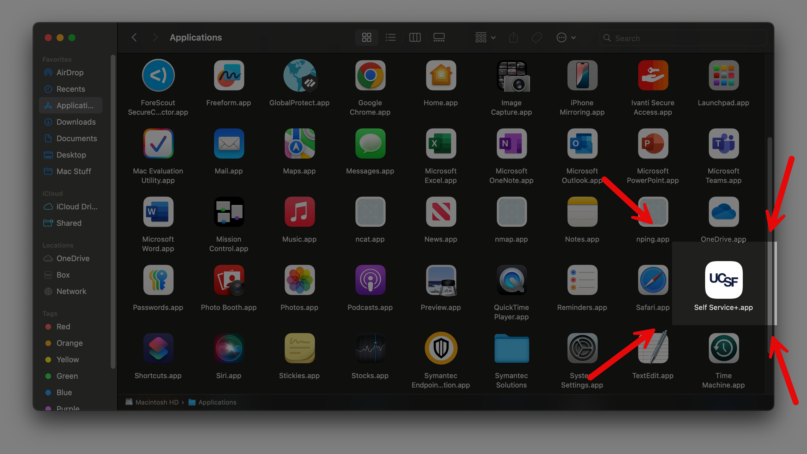 Self Service+.app in Applications folder (Dark mode)