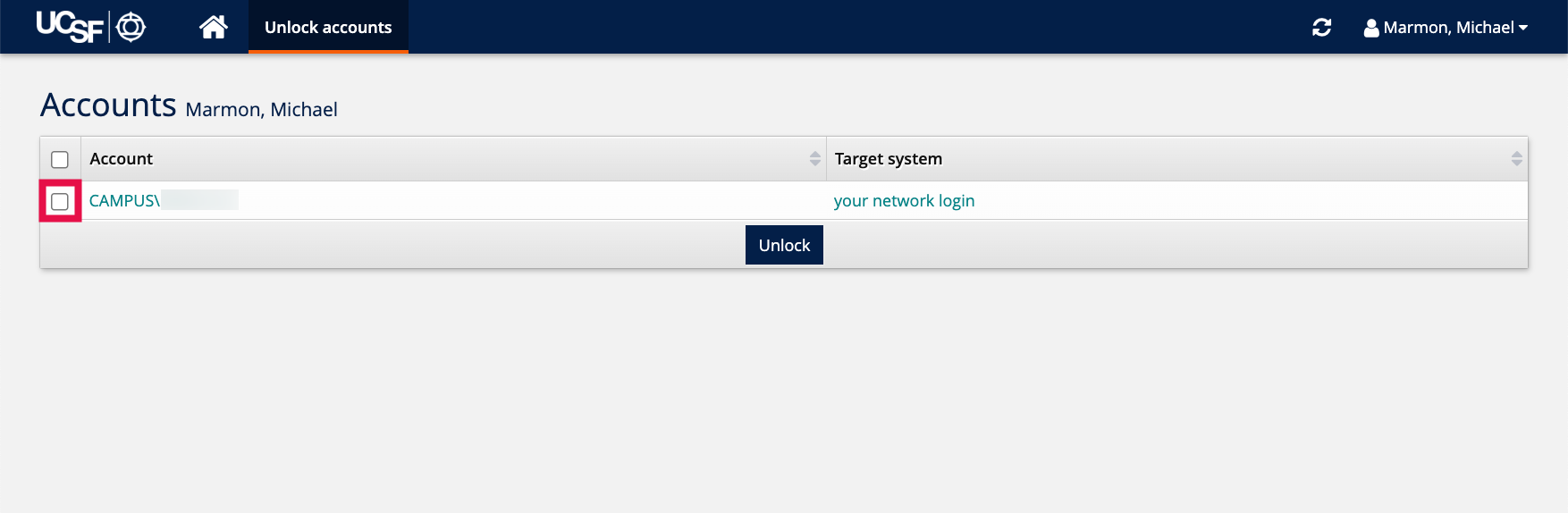 Unlock Account - Account Selected