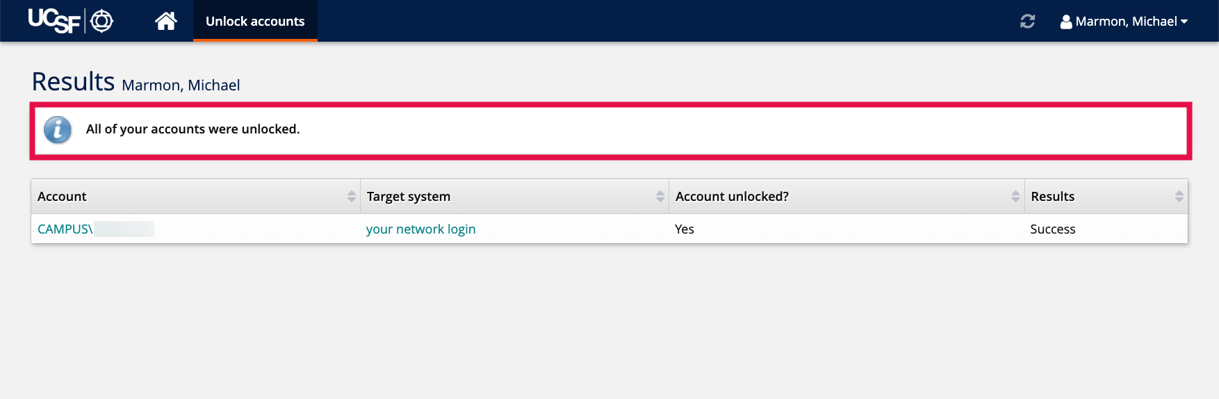Unlock Account - Results Screen