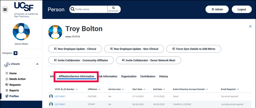 MyAffiliate - AffiliationService Information Tab (Selected)