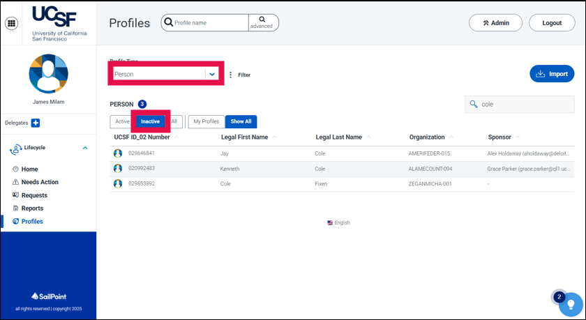 MyAffiliate - Profiles screen (Person and Inactive selected)