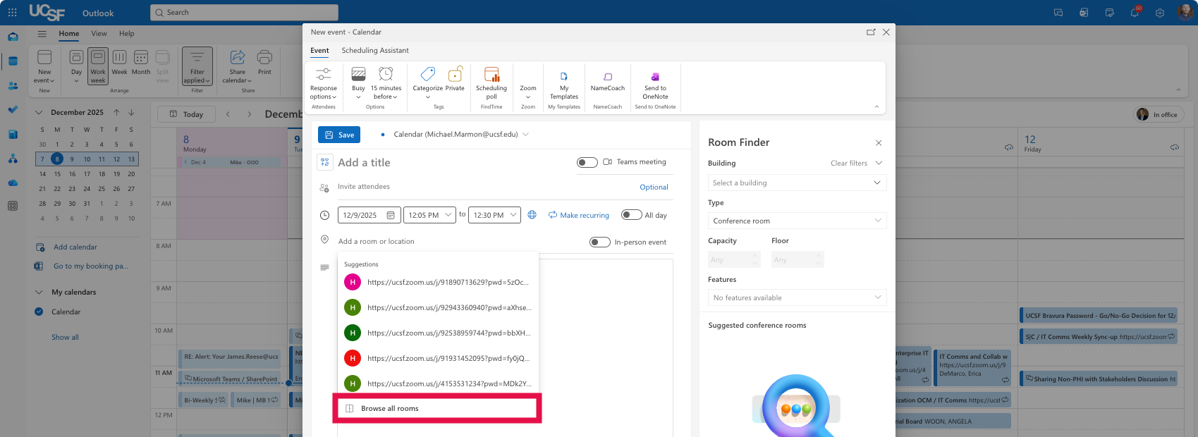 Outlook Event - Browse a Room Selected