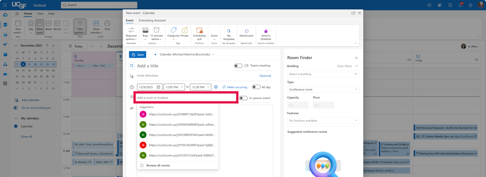 Outlook Event - Add a Room or Location Field Selected
