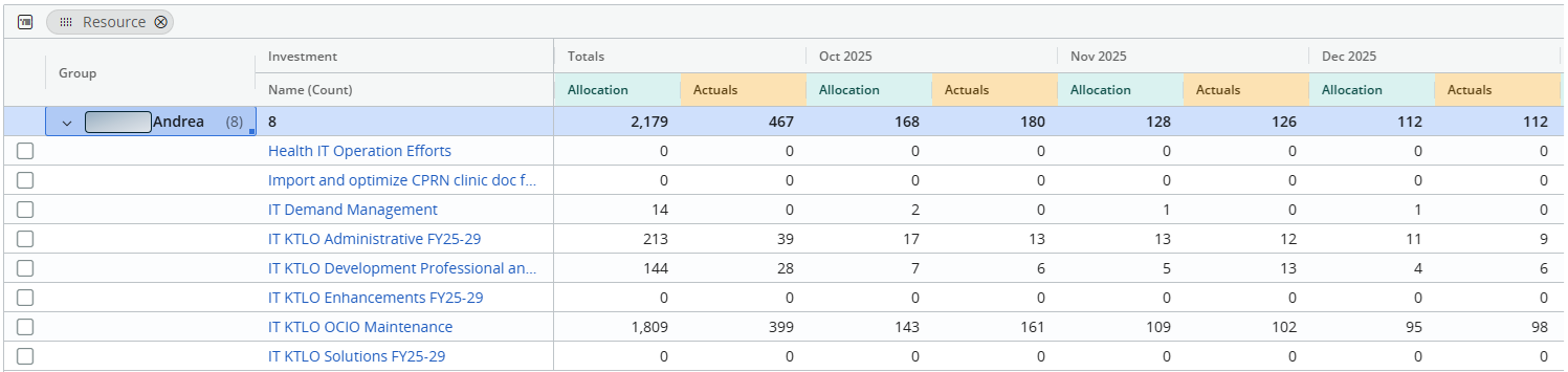 Screen Shot of Monthly resource data for Actuals and Allocations