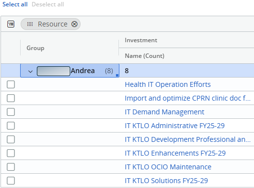Screen Shot of expanded resource, showing project names