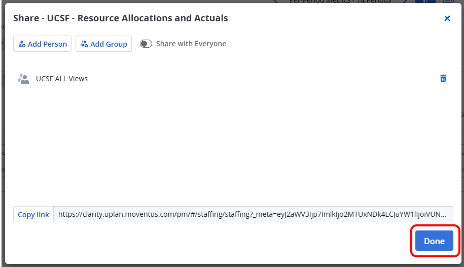 Screen Shot highlighting the Done button on the Share Views Pop-up