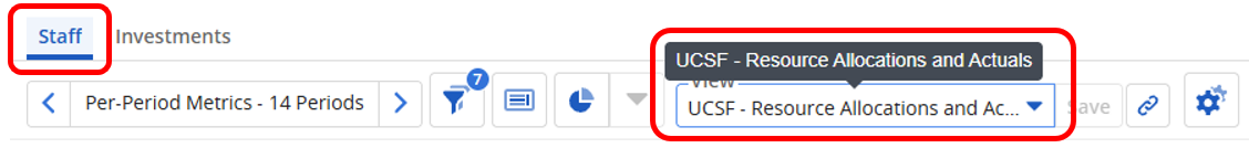 Screen shot of Staffing Page, with Staff tab highlighted and view dropdown selection of UCSF Resource Allocation and Actuals highlighted