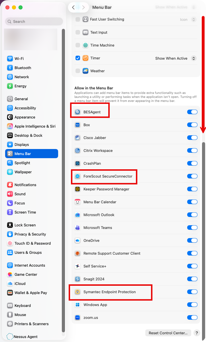 macOS Tahoe Menu Bar Settings UCSF Security Tools