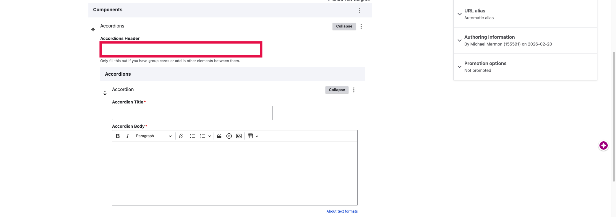 Add Accordions - Add Accordions Section Header